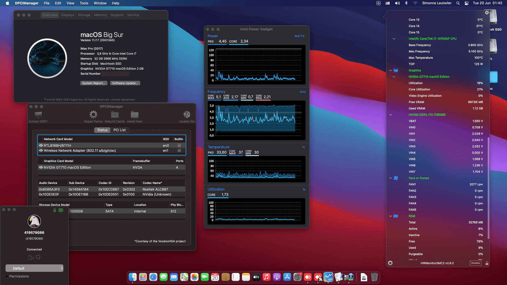 Success Hackintosh macOS Big Sur 11.7.7 Build 20G1345 in Gigabyte H410M DS2V + Intel Core i7 10700KF + OEM Nvidia GT710